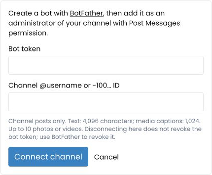 Empty TimeToPost Telegram connection form with bot token and channel ID fields
