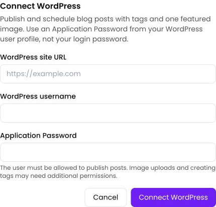 Empty TimeToPost WordPress connection form with site URL, username and Application Password fields