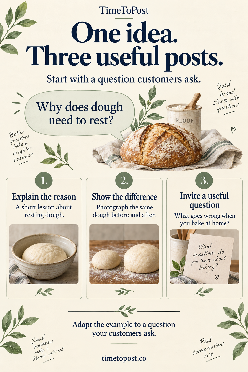 Worked example for a bakery turning the question 'Why does dough need to rest?' into three posts: explain the reason, show the same dough before and after, and invite a question about what goes wrong when baking at home.