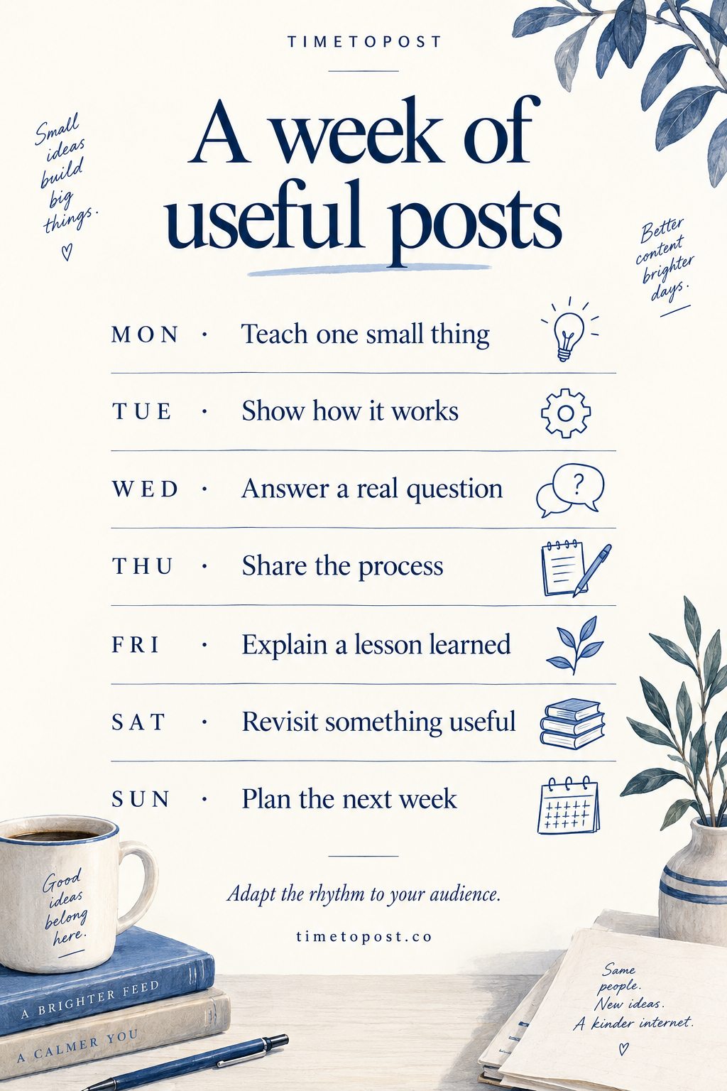 Weekly content plan: teach one small thing Monday, show how it works Tuesday, answer a real question Wednesday, share the process Thursday, explain a lesson learned Friday, revisit something useful Saturday, and plan next week Sunday.