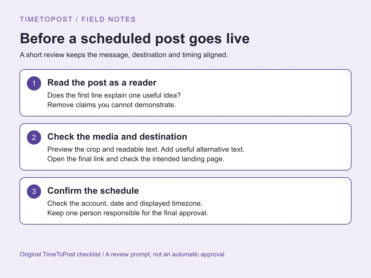 A short review keeps the message, destination and timing aligned. Read the post as a reader: Does the first line explain one useful idea?; Remove claims you cannot demonstrate. Check the media and destination: Preview the crop and readable text. Add useful alternative text.; Open the final link and check the intended landing page. Confirm the schedule: Check the account, date and displayed timezone.; Keep one person responsible for the final approval.